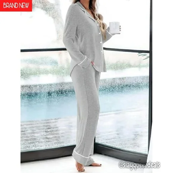 Soft Long Sleeve Pajama Set with Pockets Button Down Shirt & Pants